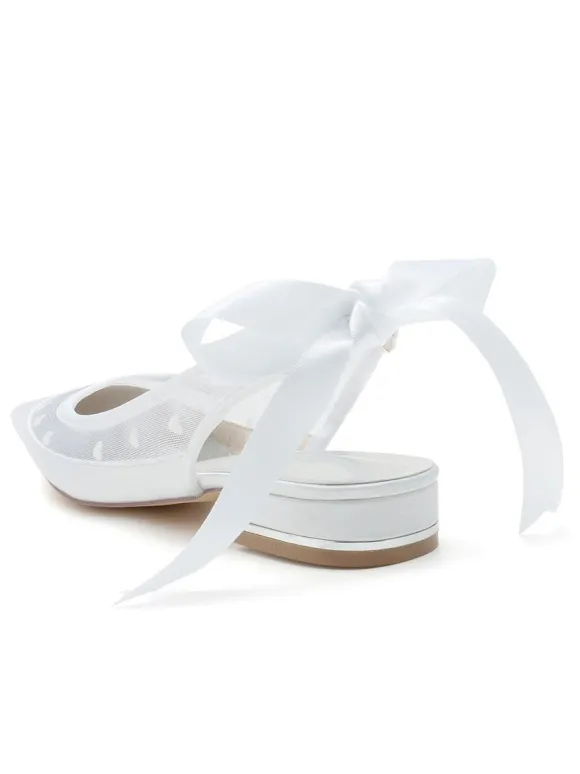 Women's Wedding Shoes Embroidered Mesh Pointed Toe Puppy Heel Bridal Shoes