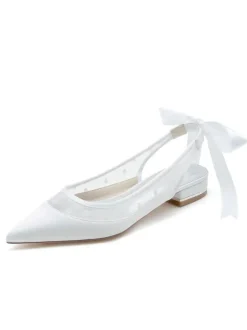 Women's Wedding Shoes Embroidered Mesh Pointed Toe Puppy Heel Bridal Shoes