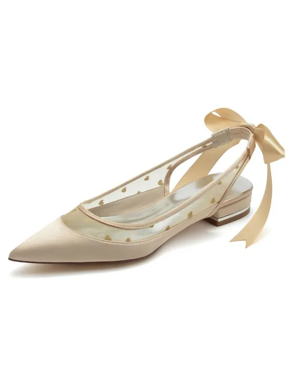 Women's Wedding Shoes Embroidered Mesh Pointed Toe Puppy Heel Bridal Shoes