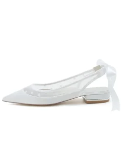 Women's Wedding Shoes Embroidered Mesh Pointed Toe Puppy Heel Bridal Shoes