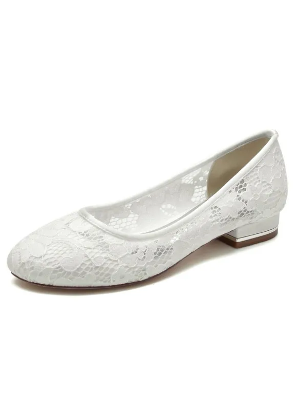 Women's Wedding Shoes Embroidered Lace Round Toe Flat Bridal Shoes