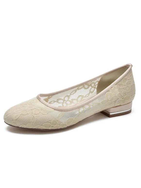 Women's Wedding Shoes Embroidered Lace Round Toe Flat Bridal Shoes