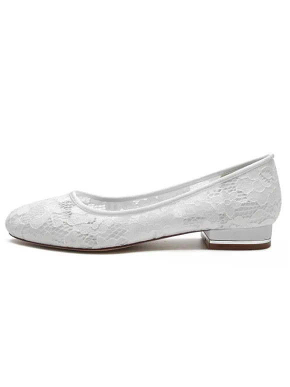 Women's Wedding Shoes Embroidered Lace Round Toe Flat Bridal Shoes