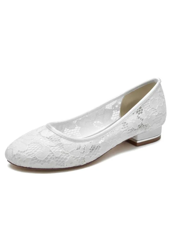 Women's Wedding Shoes Embroidered Lace Round Toe Flat Bridal Shoes