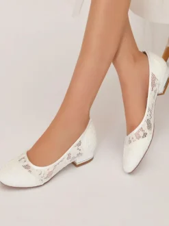 Women's Wedding Shoes Embroidered Lace Round Toe Flat Bridal Shoes