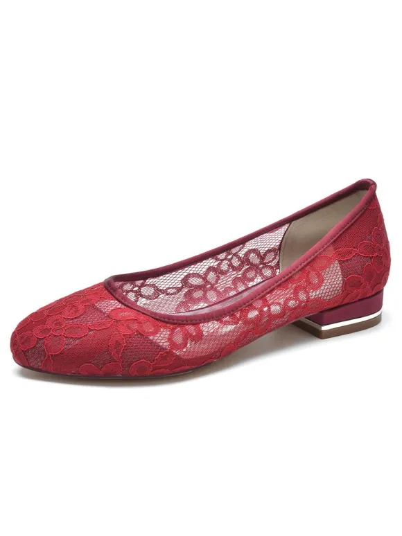 Women's Wedding Shoes Embroidered Lace Round Toe Flat Bridal Shoes