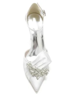 Women's Wedding Shoes Rhinestones Satin Pointed Toe Chunky Heel Bridal Shoes
