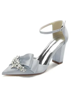 Women's Wedding Shoes Rhinestones Satin Pointed Toe Chunky Heel Bridal Shoes