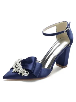 Women's Wedding Shoes Rhinestones Satin Pointed Toe Chunky Heel Bridal Shoes