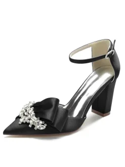 Women's Wedding Shoes Rhinestones Satin Pointed Toe Chunky Heel Bridal Shoes
