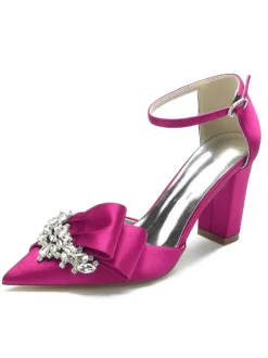 Women's Wedding Shoes Rhinestones Satin Pointed Toe Chunky Heel Bridal Shoes