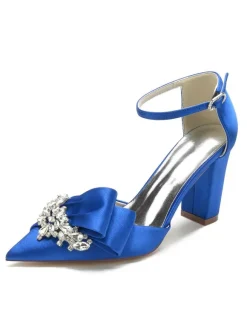 Women's Wedding Shoes Rhinestones Satin Pointed Toe Chunky Heel Bridal Shoes