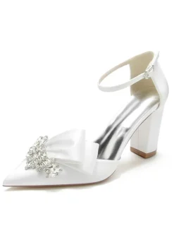 Women's Wedding Shoes Rhinestones Satin Pointed Toe Chunky Heel Bridal Shoes
