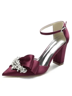 Women's Wedding Shoes Rhinestones Satin Pointed Toe Chunky Heel Bridal Shoes