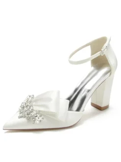 Women's Wedding Shoes Rhinestones Satin Pointed Toe Chunky Heel Bridal Shoes