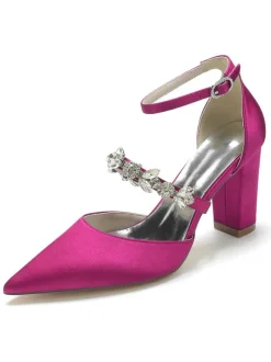 Women's Wedding Shoes Rhinestones Satin Pointed Toe Chunky Heel Bridal Shoes