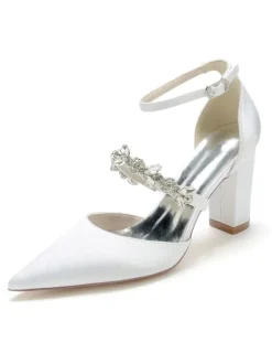Women's Wedding Shoes Rhinestones Satin Pointed Toe Chunky Heel Bridal Shoes