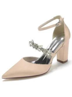 Women's Wedding Shoes Rhinestones Satin Pointed Toe Chunky Heel Bridal Shoes