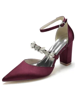 Women's Wedding Shoes Rhinestones Satin Pointed Toe Chunky Heel Bridal Shoes