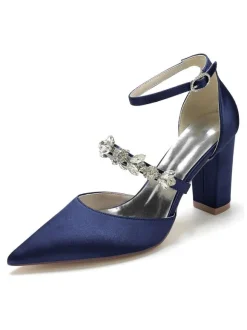 Women's Wedding Shoes Rhinestones Satin Pointed Toe Chunky Heel Bridal Shoes
