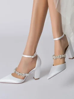 Women's Wedding Shoes Rhinestones Satin Pointed Toe Chunky Heel Bridal Shoes