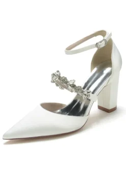 Women's Wedding Shoes Rhinestones Satin Pointed Toe Chunky Heel Bridal Shoes