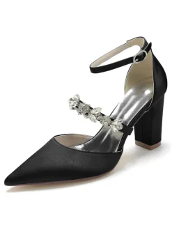 Women's Wedding Shoes Rhinestones Satin Pointed Toe Chunky Heel Bridal Shoes