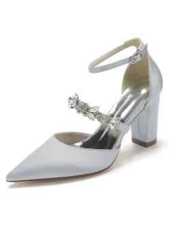 Women's Wedding Shoes Rhinestones Satin Pointed Toe Chunky Heel Bridal Shoes