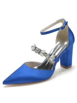 Women's Wedding Shoes Rhinestones Satin Pointed Toe Chunky Heel Bridal Shoes