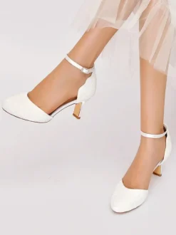 Women's Wedding Shoes Satin White Round Toe Rhinestones Chunky Heel Bridal Shoes