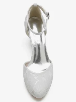Women's Wedding Shoes Satin White Round Toe Rhinestones Chunky Heel Bridal Shoes
