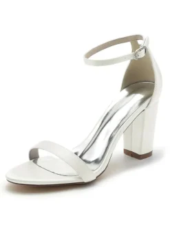 Women's Wedding Shoes Satin Open Toe Chunky Heel Bridal Shoes