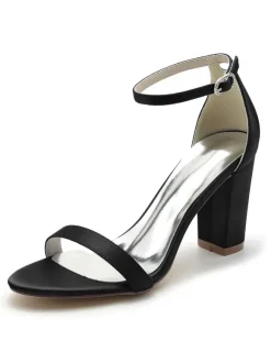 Women's Wedding Shoes Satin Open Toe Chunky Heel Bridal Shoes