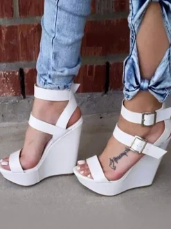 Women's White Wedge Sandals Women Shoes Open Toe Platform Open Toe Buckle Detail Sandal Shoes