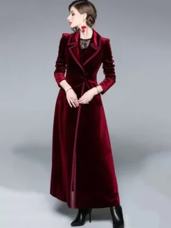 Women's Wrap Coat Turndown Collar Retro Burgundy Winter Outerwear