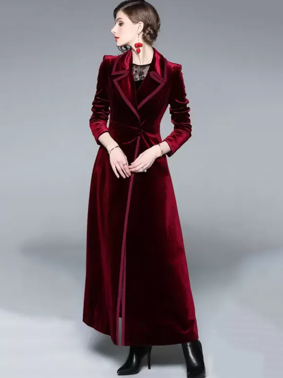 Women's Wrap Coat Turndown Collar Retro Burgundy Winter Outerwear