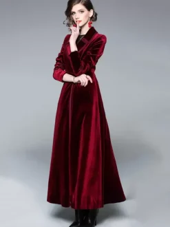 Women's Wrap Coat Turndown Collar Retro Burgundy Winter Outerwear