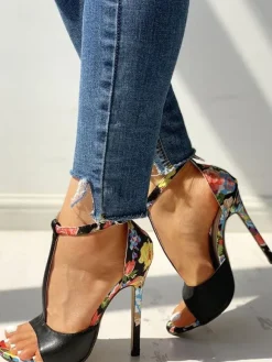 Womens Yellow T-Strap Heels Floral Print Stiletto Heel Sandals