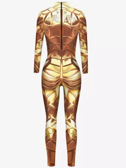 Womens Zentai Armor Print Cyberpunk Long Sleeves Metallic Catsuit Costumes