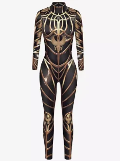Womens Zentai Armor Print Cyberpunk Long Sleeves Metallic Catsuit Costumes