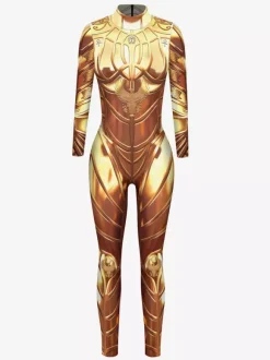 Womens Zentai Armor Print Cyberpunk Long Sleeves Metallic Catsuit Costumes