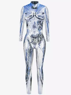 Womens Zentai Armor Print Cyberpunk Long Sleeves Metallic Catsuit Costumes