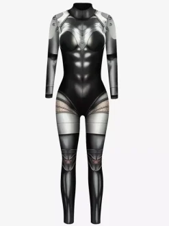 Womens Zentai Armor Print Cyberpunk Long Sleeves Metallic Catsuit Costumes