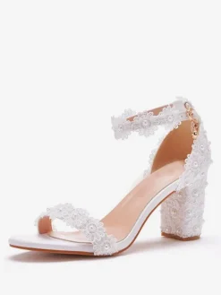Women's Ankle Strap Chunky Heel Bridal Sandals in White