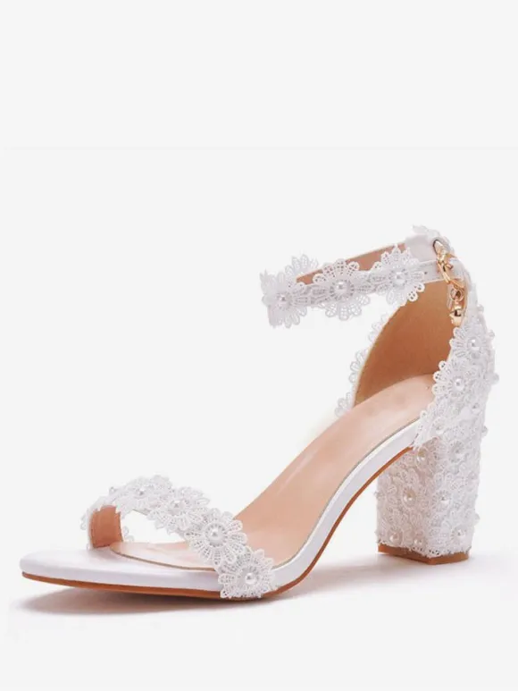 Women's Ankle Strap Chunky Heel Bridal Sandals in White