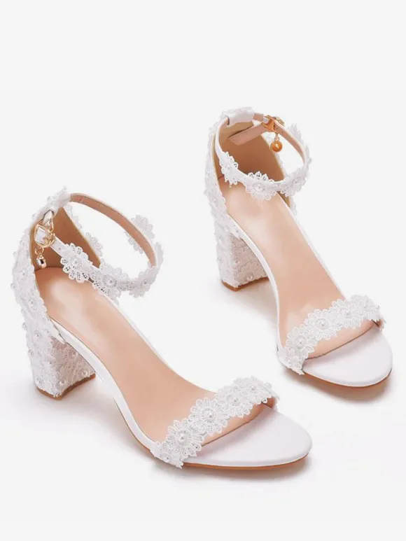 Women's Ankle Strap Chunky Heel Bridal Sandals in White
