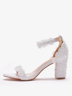 Women's Ankle Strap Chunky Heel Bridal Sandals in White