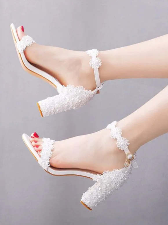 Women's Ankle Strap Chunky Heel Bridal Sandals in White