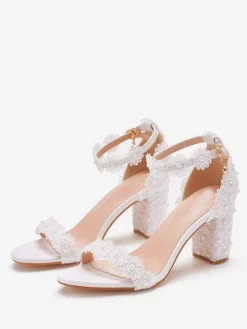 Women's Ankle Strap Chunky Heel Bridal Sandals in White
