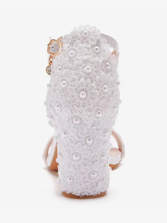 Women's Ankle Strap Chunky Heel Bridal Sandals in White